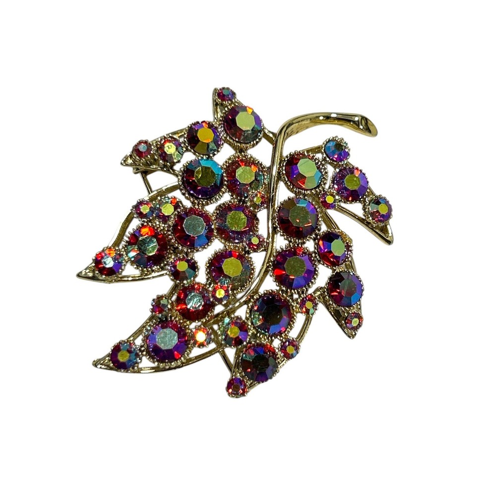 Vintage BSK Gold Tone Aurora Borealis Rhinestone Maple Leaf Brooch Pin Signed